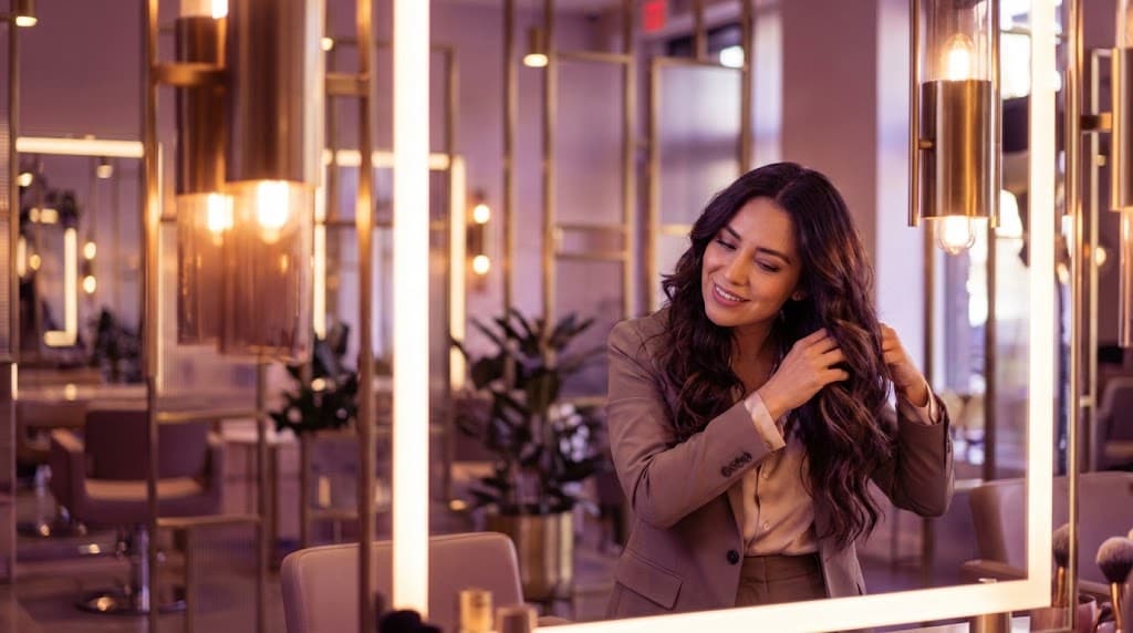 Mujer tocando su cabello ondulado con sonrisa de satisfacción en salón de belleza de lujo