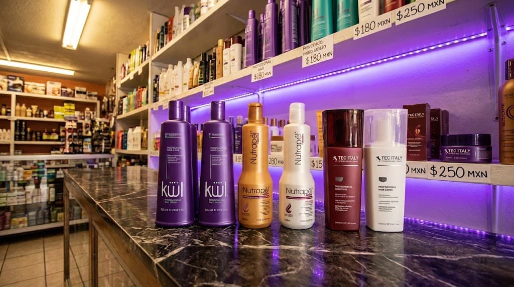 Exhibición de productos profesionales de belleza Küül, Nutrapél y TEC Italy en tienda Sicarú