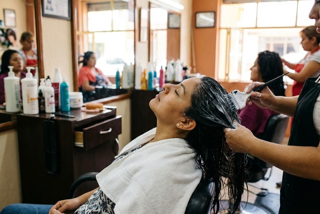 Clienta relajándose mientras recibe tratamiento capilar profesional en salón de belleza mexicano