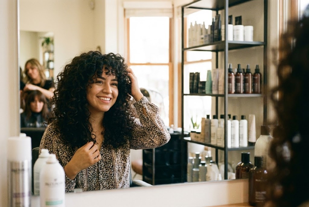 Mujer con rizos naturales sonriendo frente al espejo en salón de belleza con productos capilares